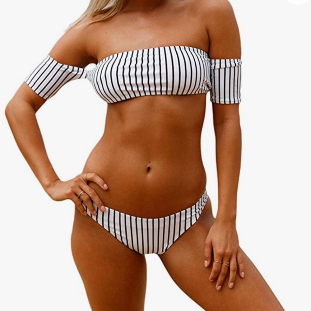 off the shoulder striped bikini set